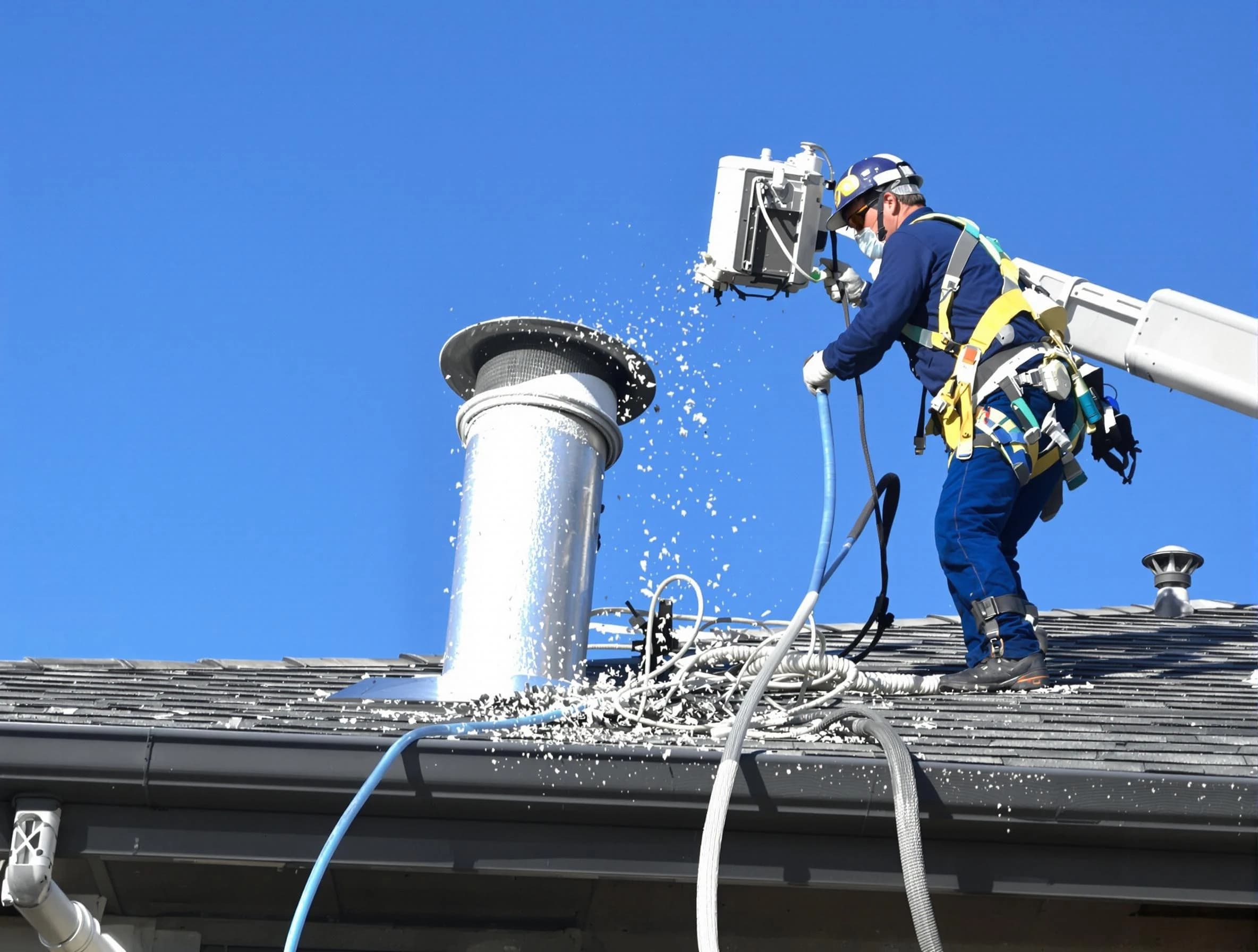 Perry Dryer Vent Cleaning certified technician safely cleaning a roof-mounted dryer vent in Perry