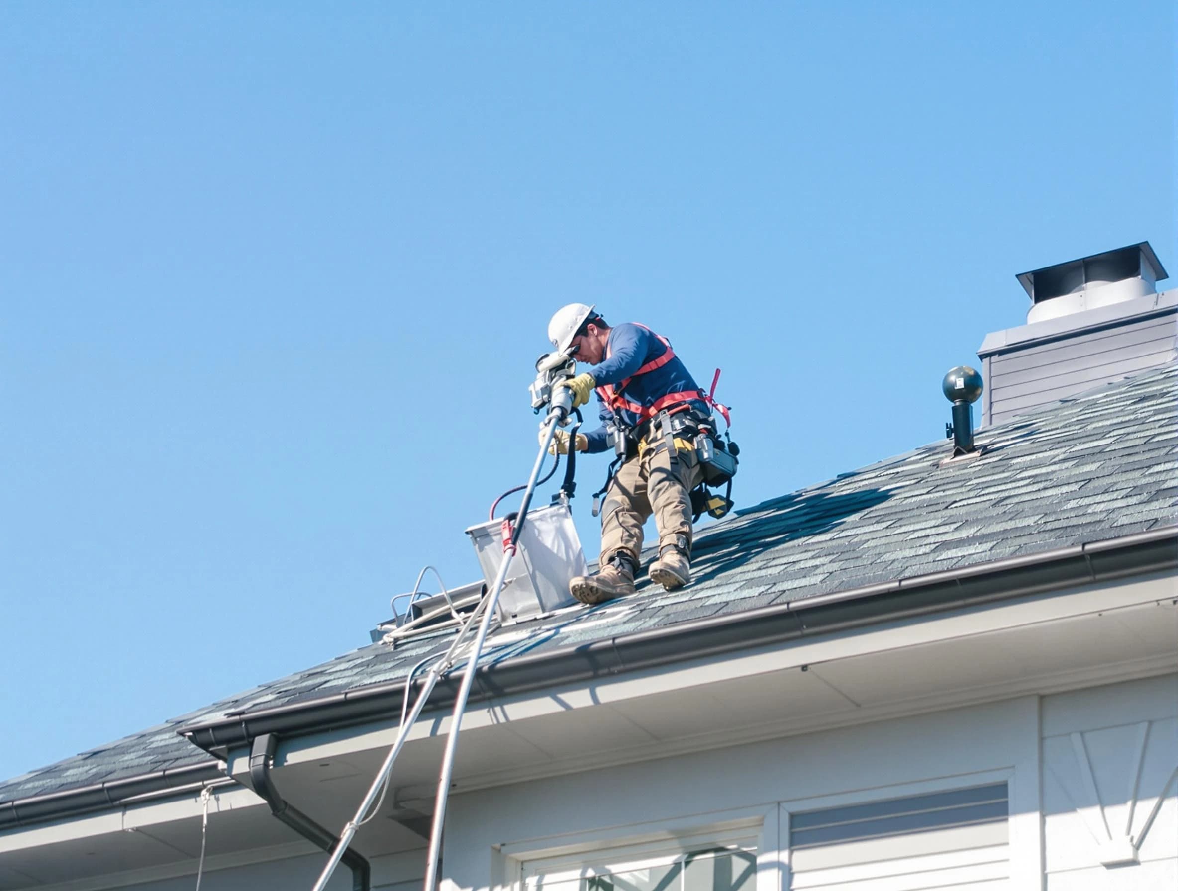 Perry Dryer Vent Cleaning certified technician cleaning a roof-mounted dryer vent system in Perry