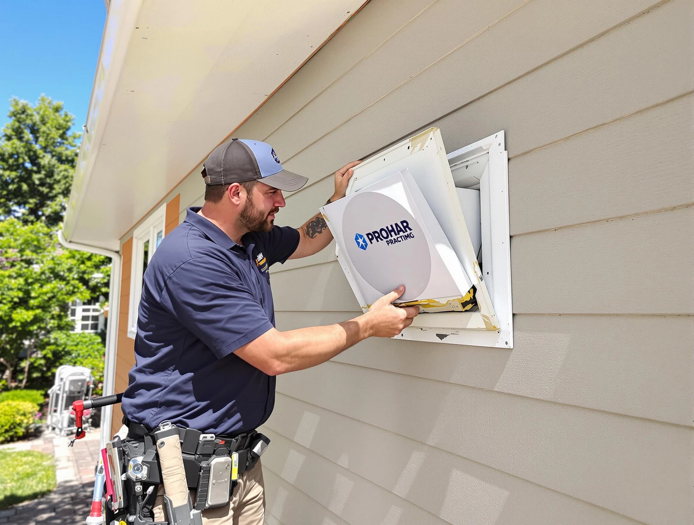 Perry Dryer Vent Cleaning technician installing a new protective dryer vent cover on a home in Perry