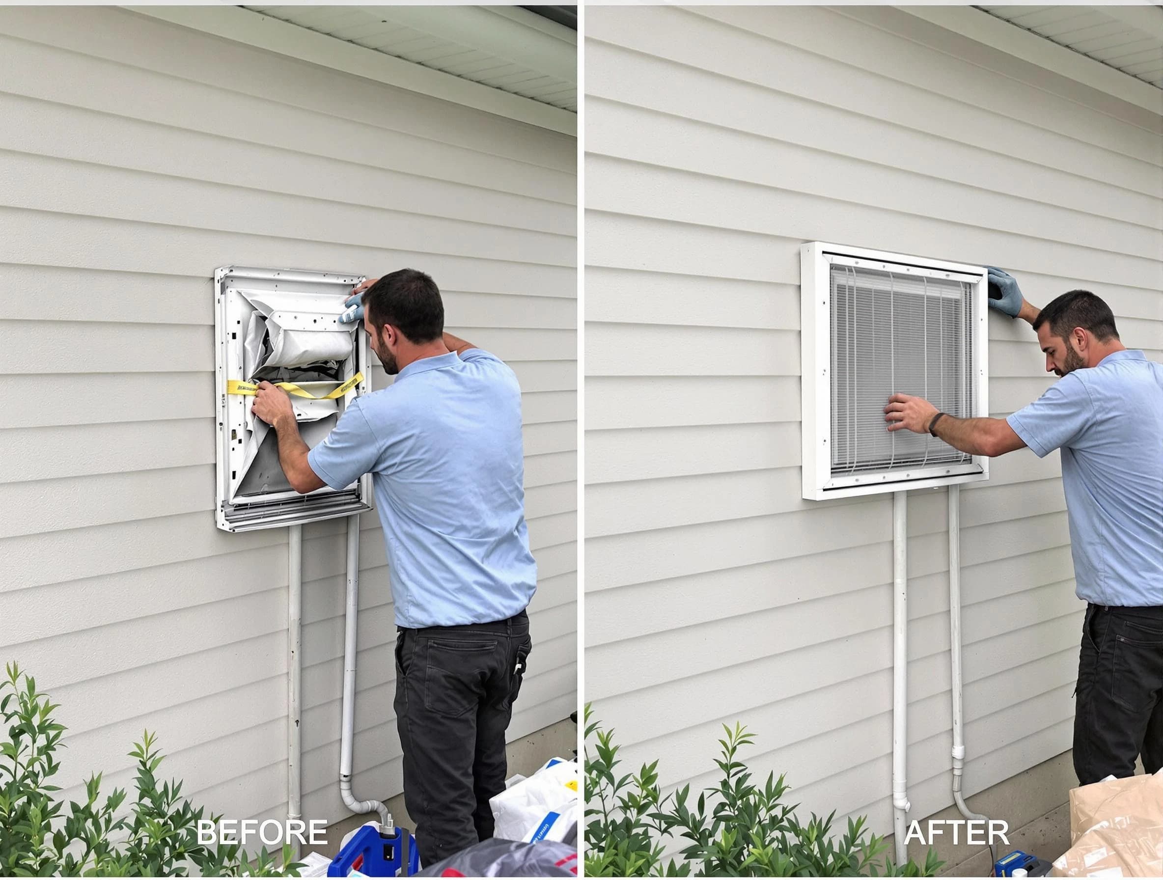 Perry Dryer Vent Cleaning technician installing high-quality dryer vent cover at a residential property in Perry