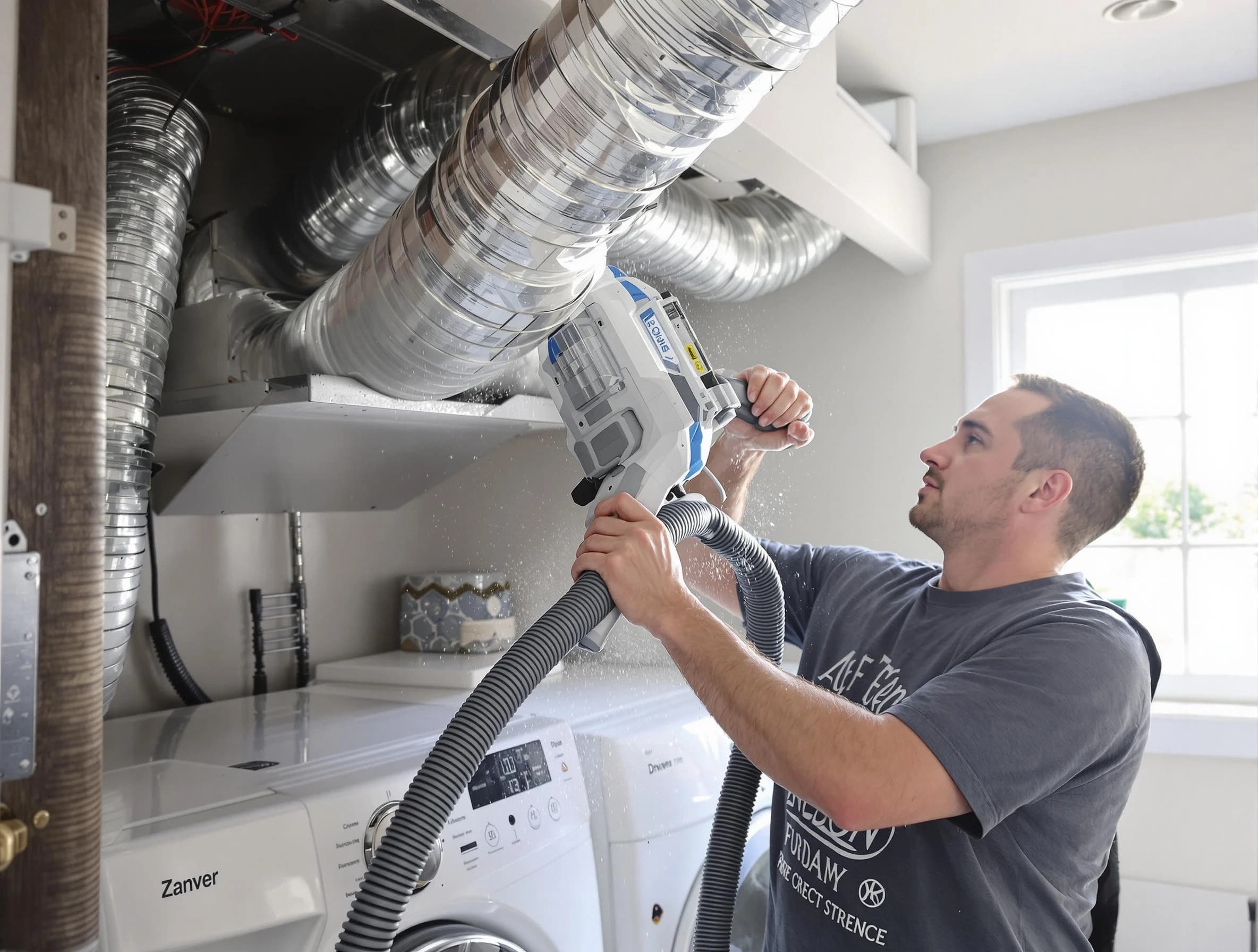 Perry Dryer Vent Cleaning specialist cleaning deep within a dryer vent duct system in Perry